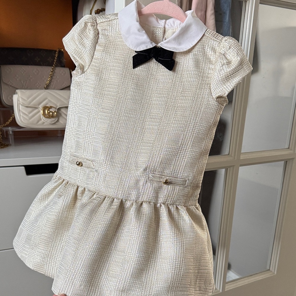 Janie and Jack Cream Dress with Black Velvet Bow - Picture 4 of 6